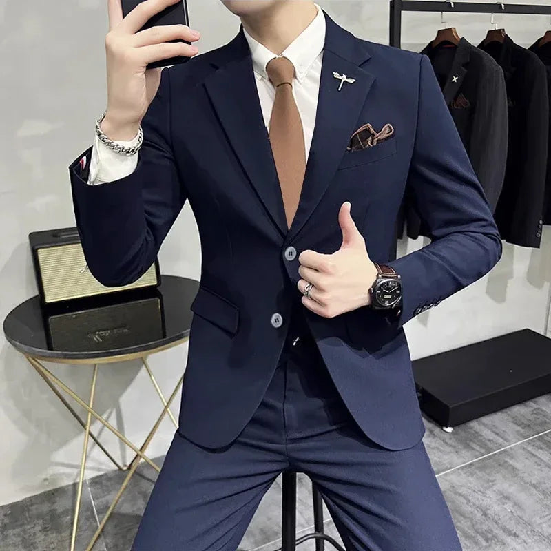 (Jacket + Pants) High End Brand Boutique Solid Color Mens Casual business office Suit Groom Wedding Dress Party Blazer Trousers