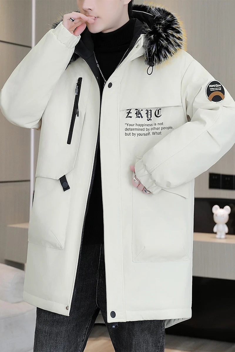 Winter Men's Warm Mid-Length Hooded Plush Jackets Street Wear Fur Collar Thicken Fleece Casual Coats Windproof Parkas