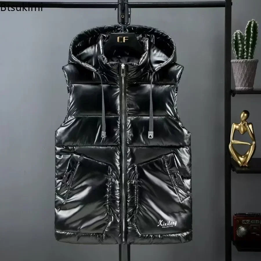 New 2026 Men's Glossy Hooded Vest Autumn Winter Thicken Windproof Warm Casual Waistcoat Fashion Handsome Down Cotton Parkas Vest