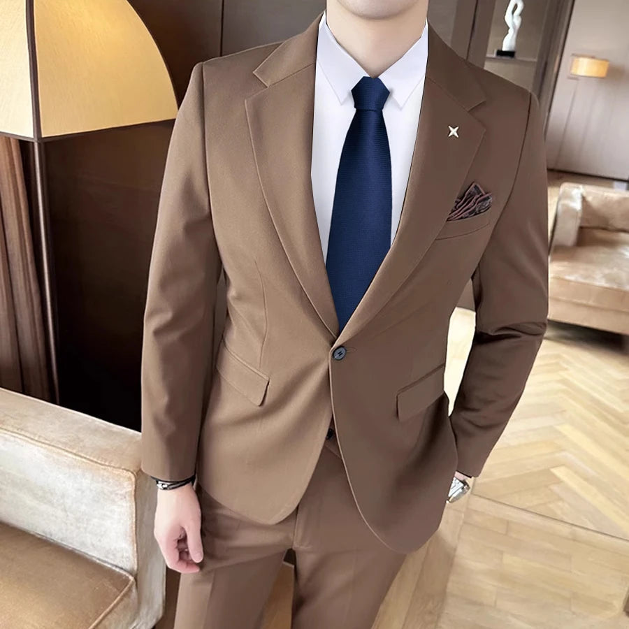 (Jacket + Pants) High End Brand Boutique Solid Color Mens Casual business office Suit Groom Wedding Dress Party Blazer Trousers