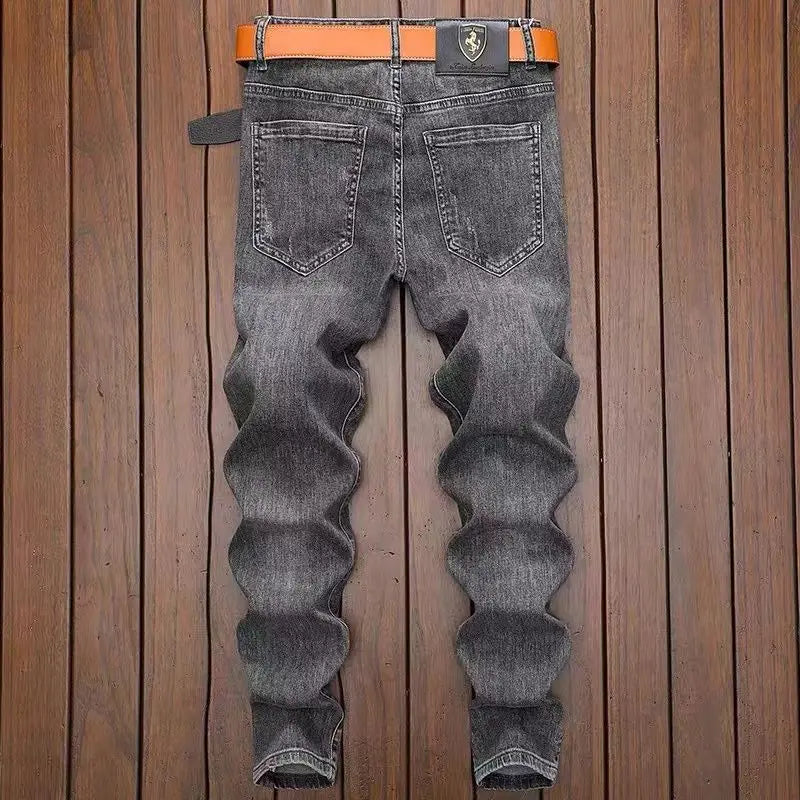 High End Jeans Men's Embroidered Elastic Embroidered Washed Slim Fit Small Leg Pants Casual Long Pants