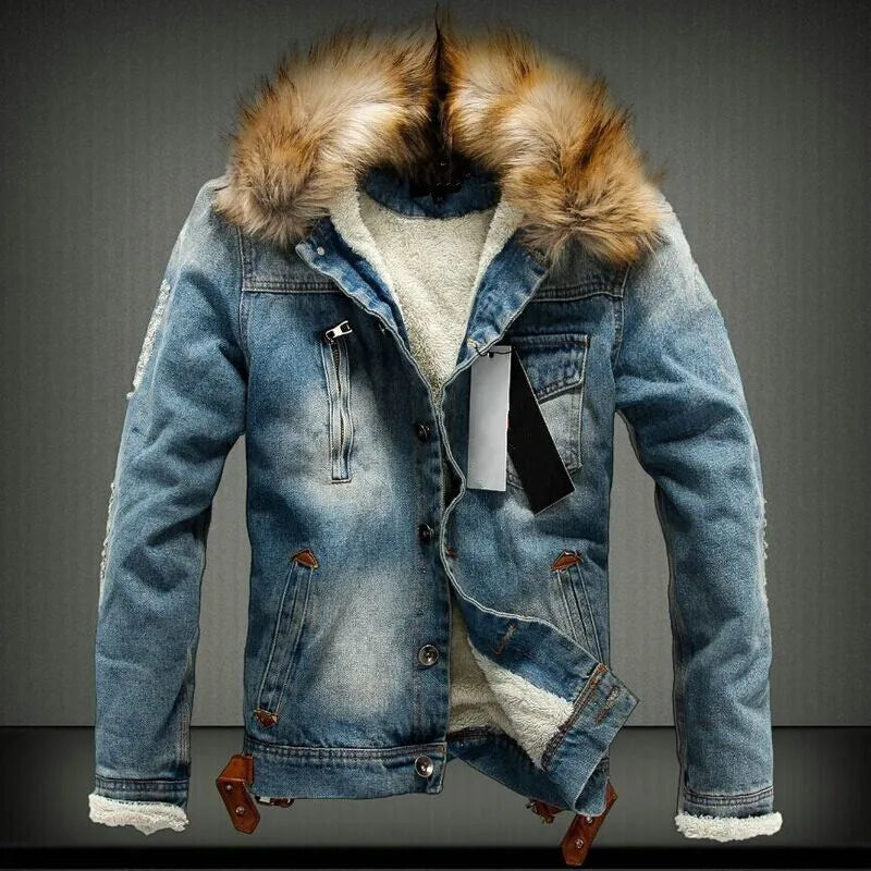 New Men's Fashion Retro Plush Denim Jacket Casual Tear Patch Denim Coat