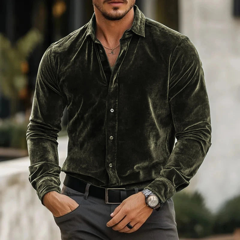 Stylish Solid Color Velvet Shirts Mens Long Sleeve Button-up Turn-down Collar Casual Shirt Fall Winter Daily Leisure Men Shirts