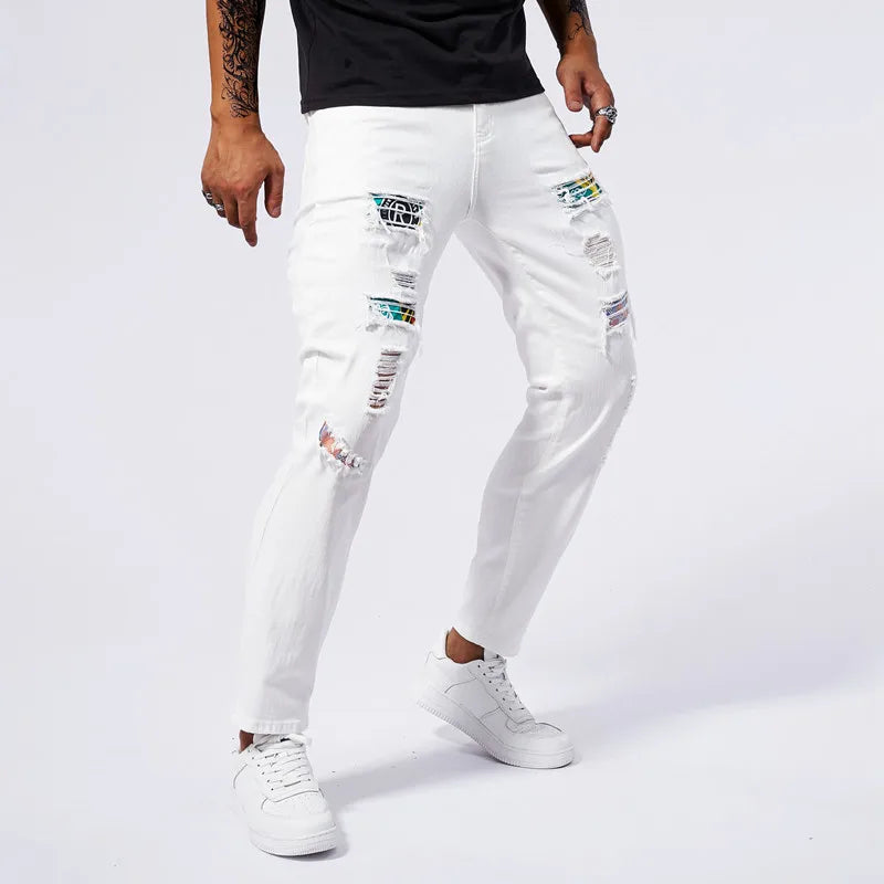 White ripped jeans for men 2024 new summer slim fit jeans for men straight leg casual pants for men stretch denim ripped pants