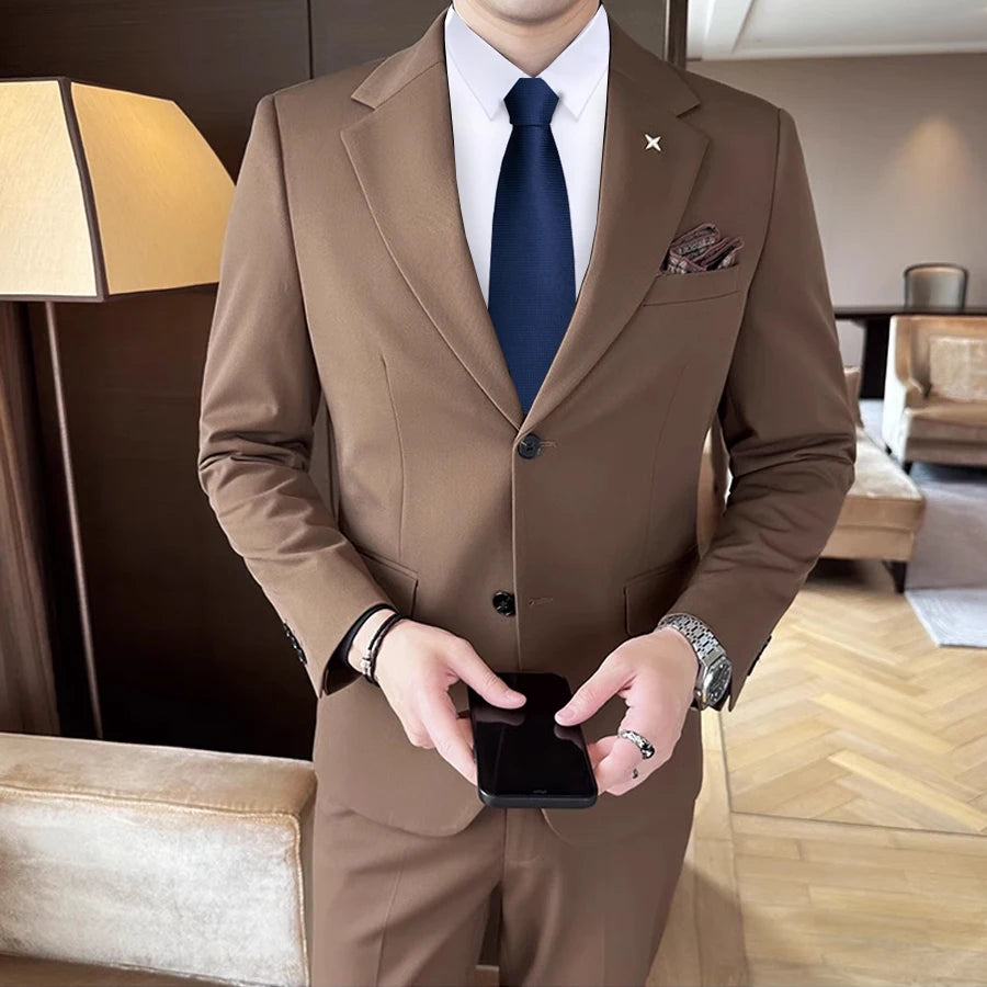 (Jacket + Pants) High End Brand Boutique Solid Color Mens Casual business office Suit Groom Wedding Dress Party Blazer Trousers