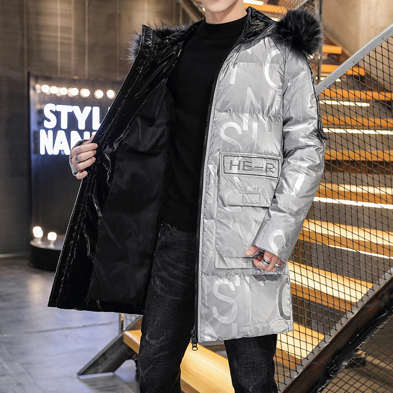 Fashion Hooded Cotton-Padded Jackets Autumn Winter Men's Windproof Thicken Parkas Streetwear Mid-Long Print Warm parkas puffer