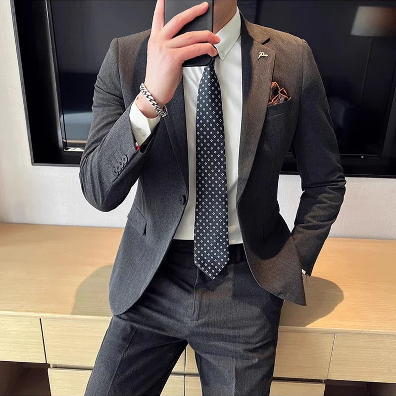 (Jacket + Pants) High End Brand Boutique Solid Color Mens Casual business office Suit Groom Wedding Dress Party Blazer Trousers