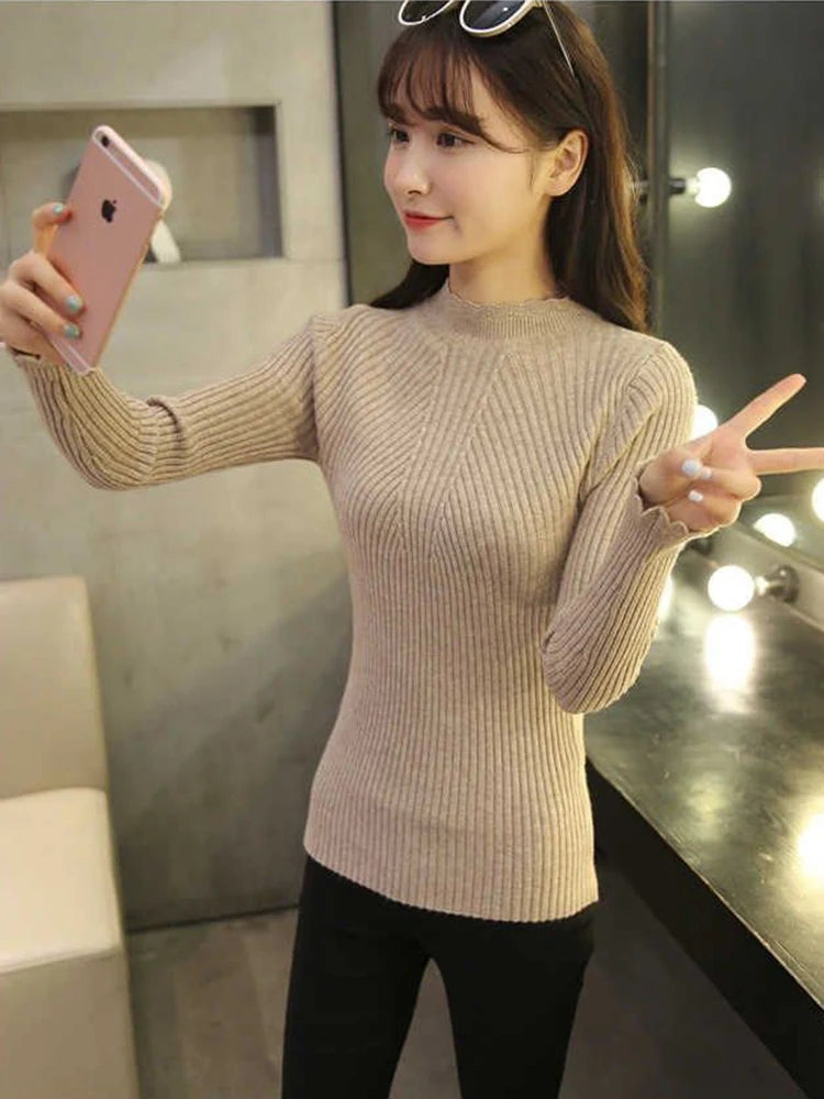 2025 Autumn Women Mock Neck Ruffles Sweater Long Sleeve Knitted Bottoming Solid Pullovers Stripe Women Casual Sweater Winter