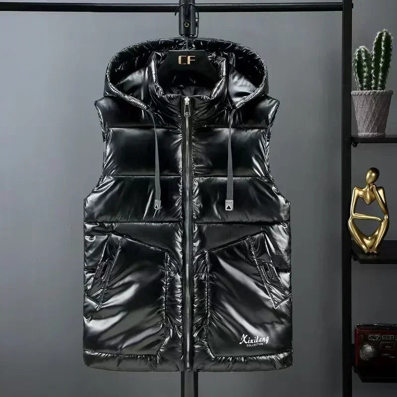 New 2026 Men's Glossy Hooded Vest Autumn Winter Thicken Windproof Warm Casual Waistcoat Fashion Handsome Down Cotton Parkas Vest