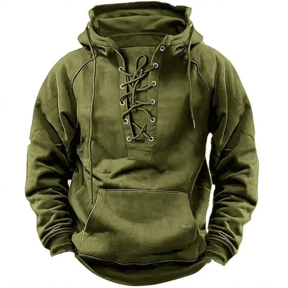 Men's Retro-Style Lace-Up Hooded Sweatshirt Loose-Fitting Long-Sleeved Pullover Pure Color Design for Autumn Winter Hoodie