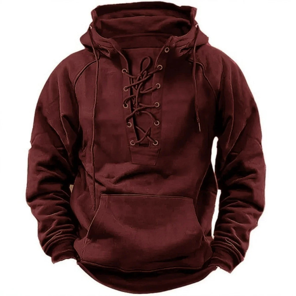 Men's Retro-Style Lace-Up Hooded Sweatshirt Loose-Fitting Long-Sleeved Pullover Pure Color Design for Autumn Winter Hoodie