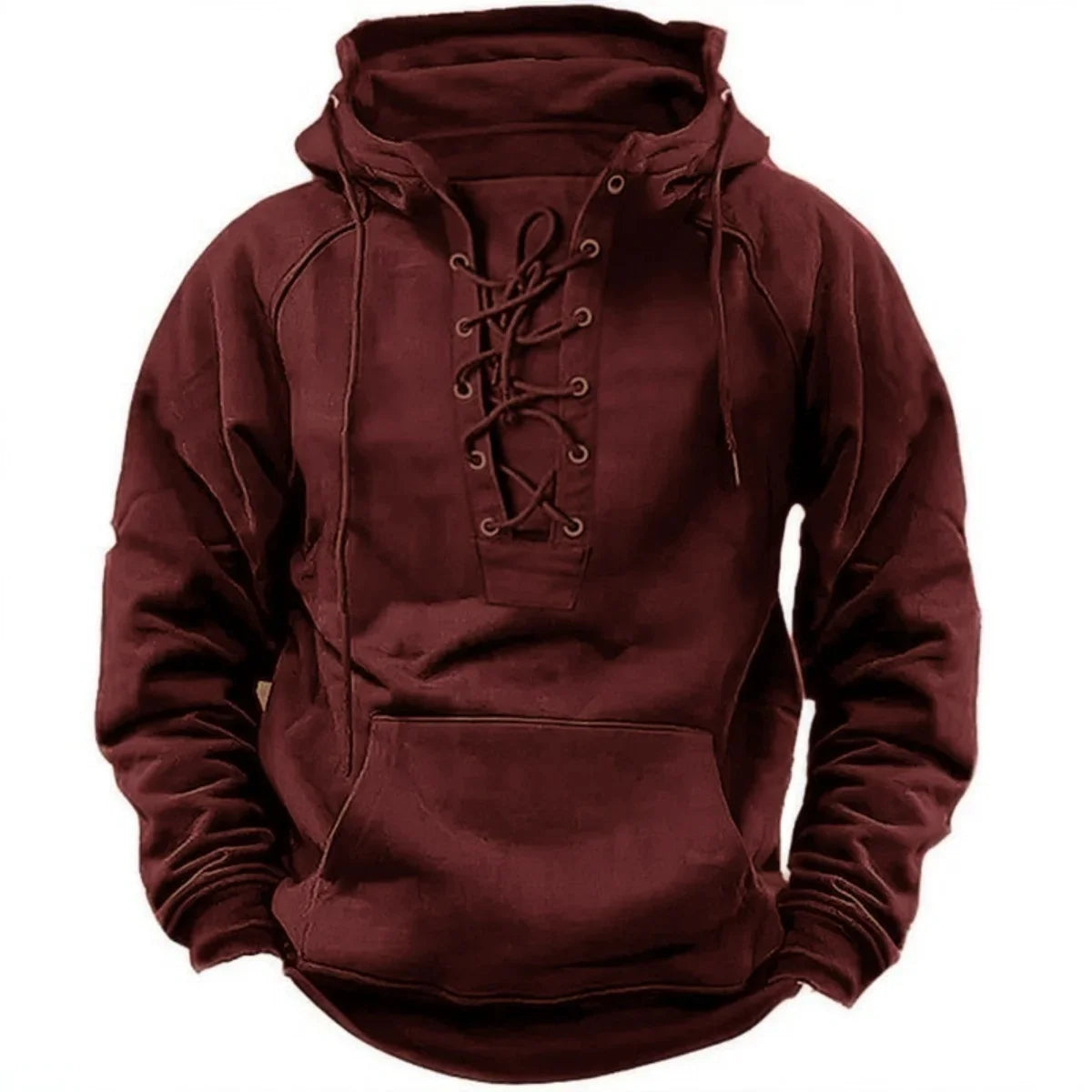 Men's Retro-Style Lace-Up Hooded Sweatshirt Loose-Fitting Long-Sleeved Pullover Pure Color Design for Autumn Winter Hoodie