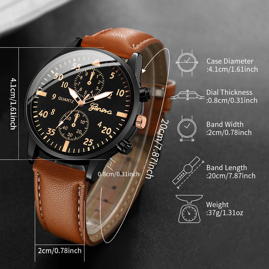 5PCS/4PCS Fashion Casual Men's Leather Strap Quartz Watch with Bracelet Set（Box not Included）