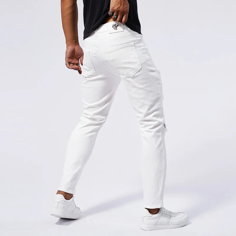 White ripped jeans for men 2024 new summer slim fit jeans for men straight leg casual pants for men stretch denim ripped pants
