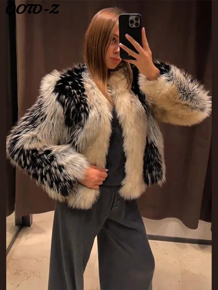 Stylish Contrast Faux Fur Women Coat Elegant O-neck Single Breasted Full Sleeve Female Coats 2026 Spring Winter Chic Lady Jacket