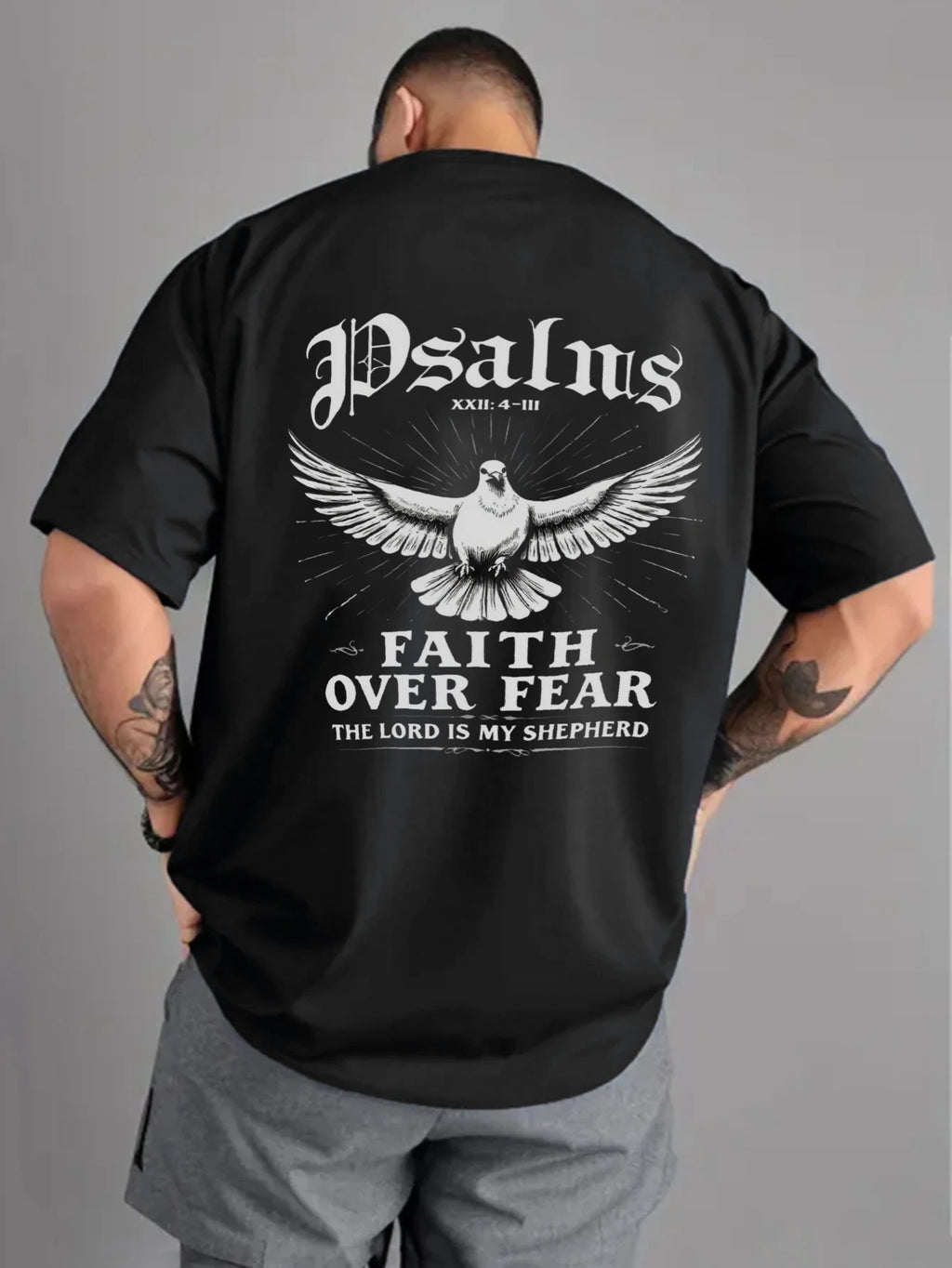 Men's Black T-Shirt Faith Over Fear Dove Psalm 23 Printed High Quality Cotton 180g+ Religious Christian Statement Tee for Church