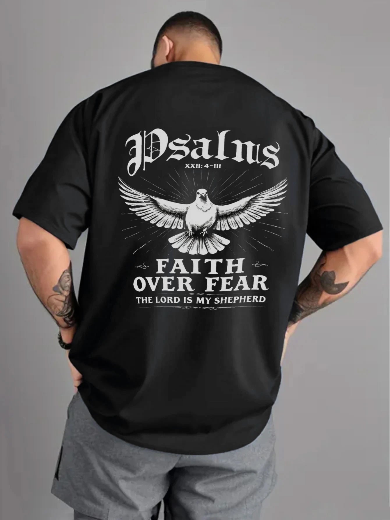 Men's Black T-Shirt Faith Over Fear Dove Psalm 23 Printed High Quality Cotton 180g+ Religious Christian Statement Tee for Church