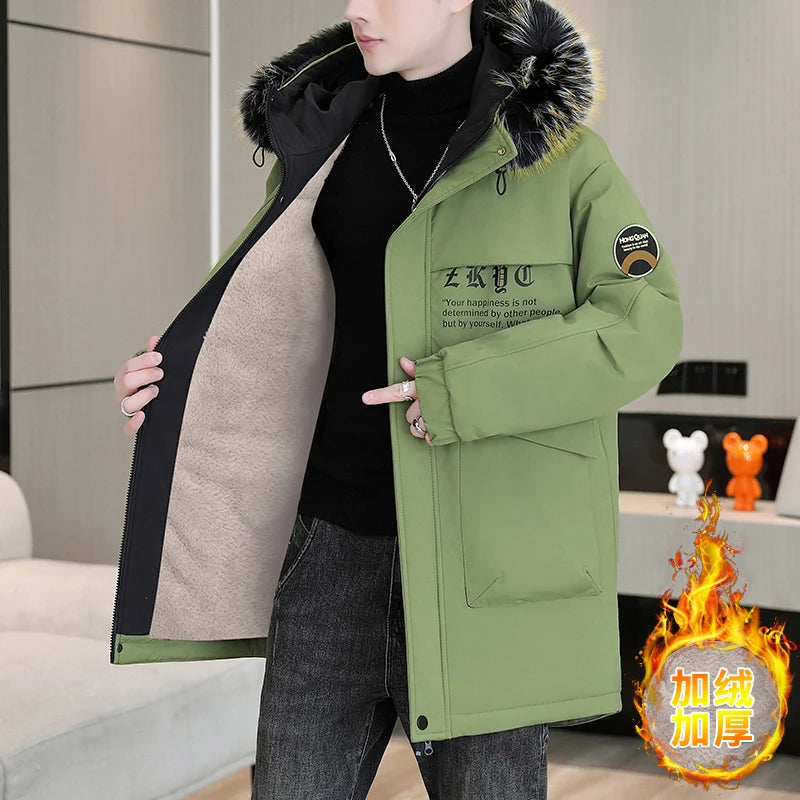 Winter Men's Warm Mid-Length Hooded Plush Jackets Street Wear Fur Collar Thicken Fleece Casual Coats Windproof Parkas