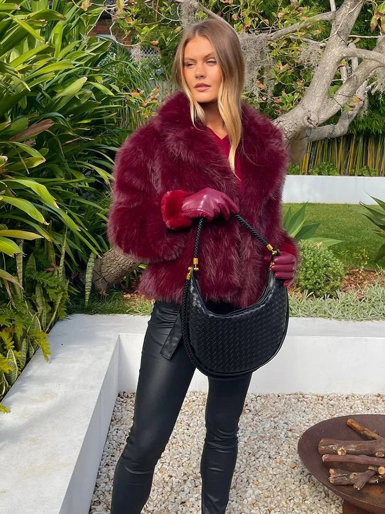 Wine Red Faux Fur Coat Women Fashion Lapel Long Sleeve Single Breasted Short Jackets 2025 Autumn Winter Lady Street Outwear