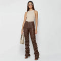 Women Leather Pant Solid Slim Fit Flare Pants Zipper Folds High Waist Trousers Pockets Elegant Ladies Autumn Streetwear