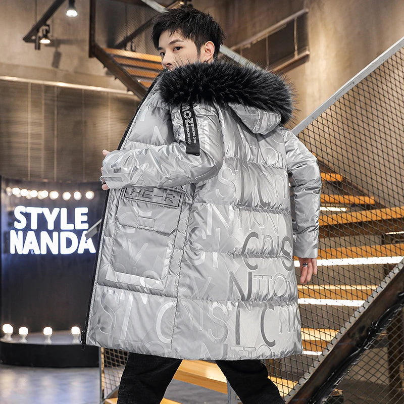 Fashion Hooded Cotton-Padded Jackets Autumn Winter Men's Windproof Thicken Parkas Streetwear Mid-Long Print Warm parkas puffer