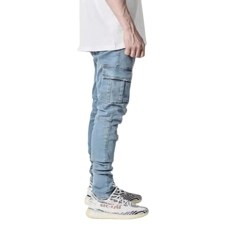 Autumn Winter New Men's Clothing Solid Color Stretch Multi-Bag Skinny Pants Slim Slimming Denim Cargo Pants Jeans