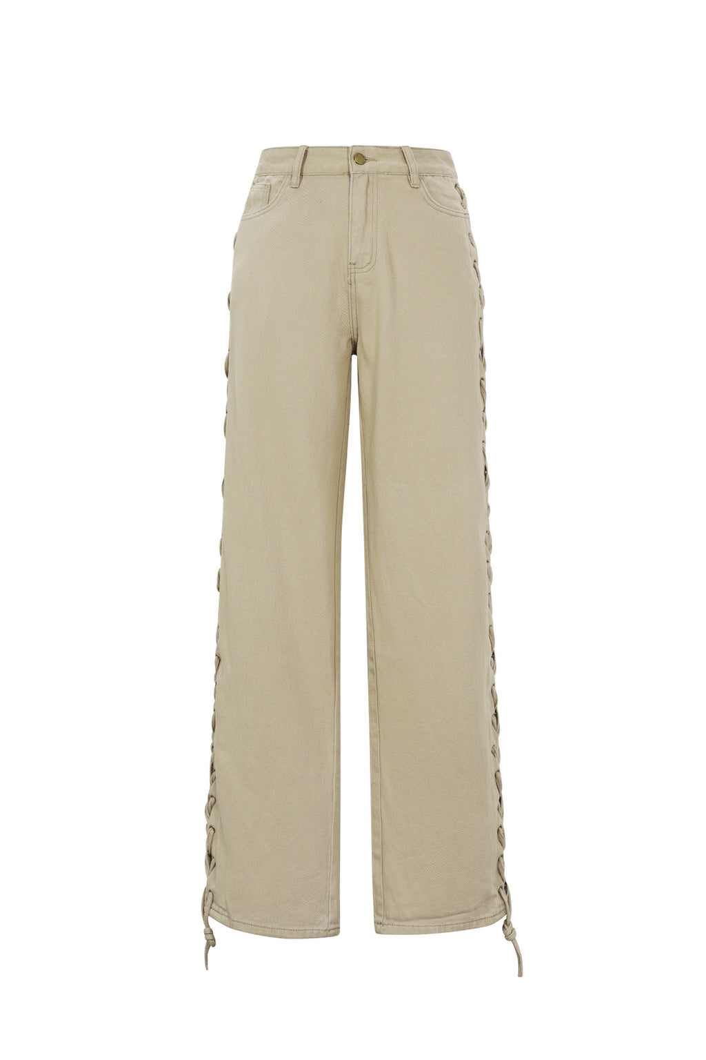 Woven Cotton Women's Straight Leg Pants Tie-up Casual