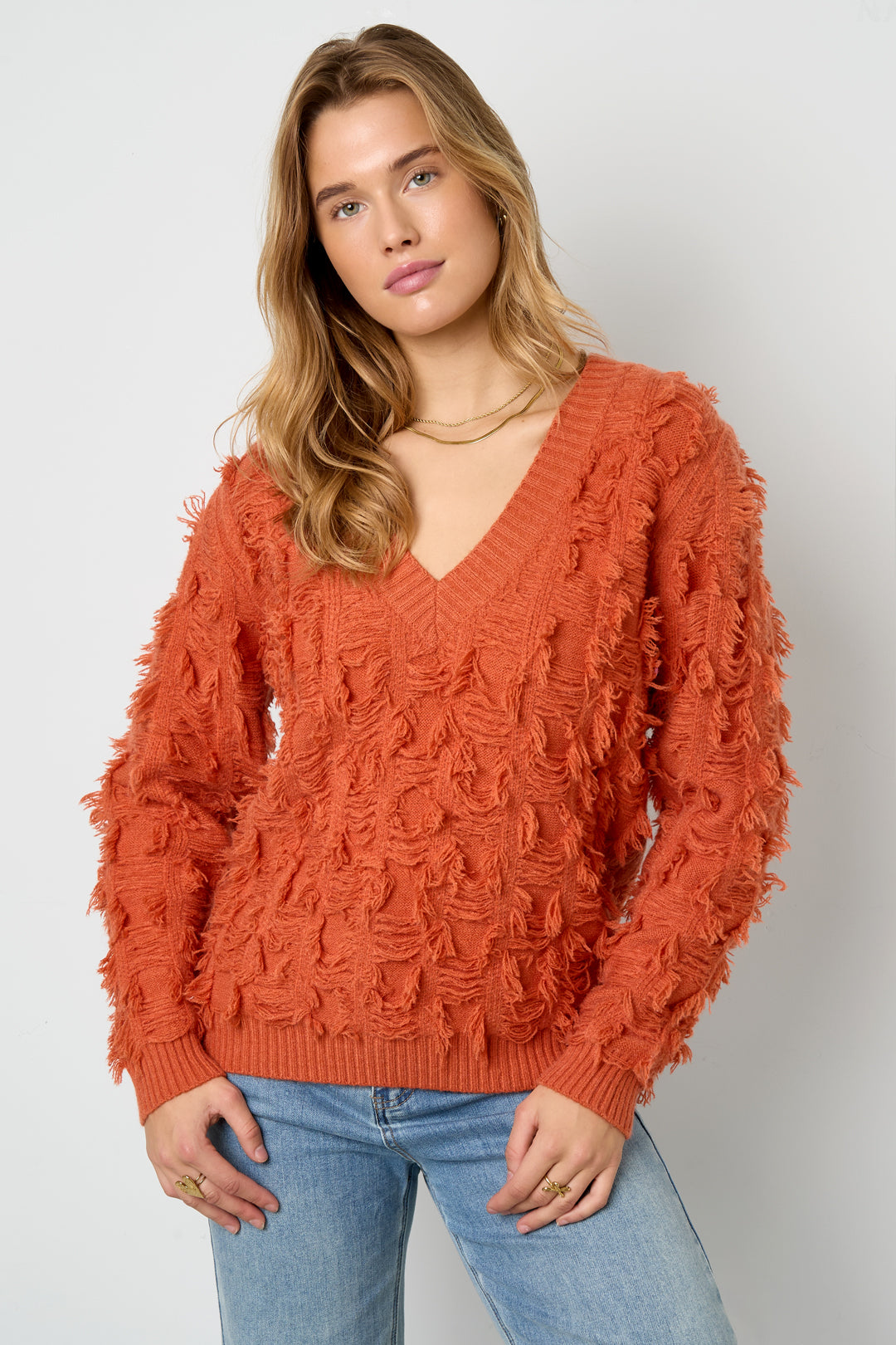 Knitted Polyester Fiber Women's V-Neck Sweater Casual Solid Color