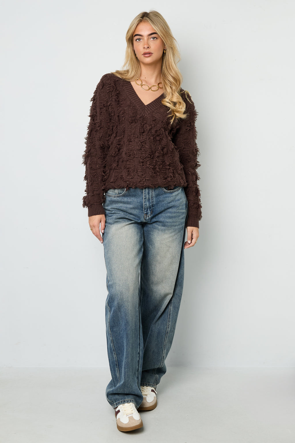 Knitted Polyester Fiber Women's V-Neck Sweater Casual Solid Color
