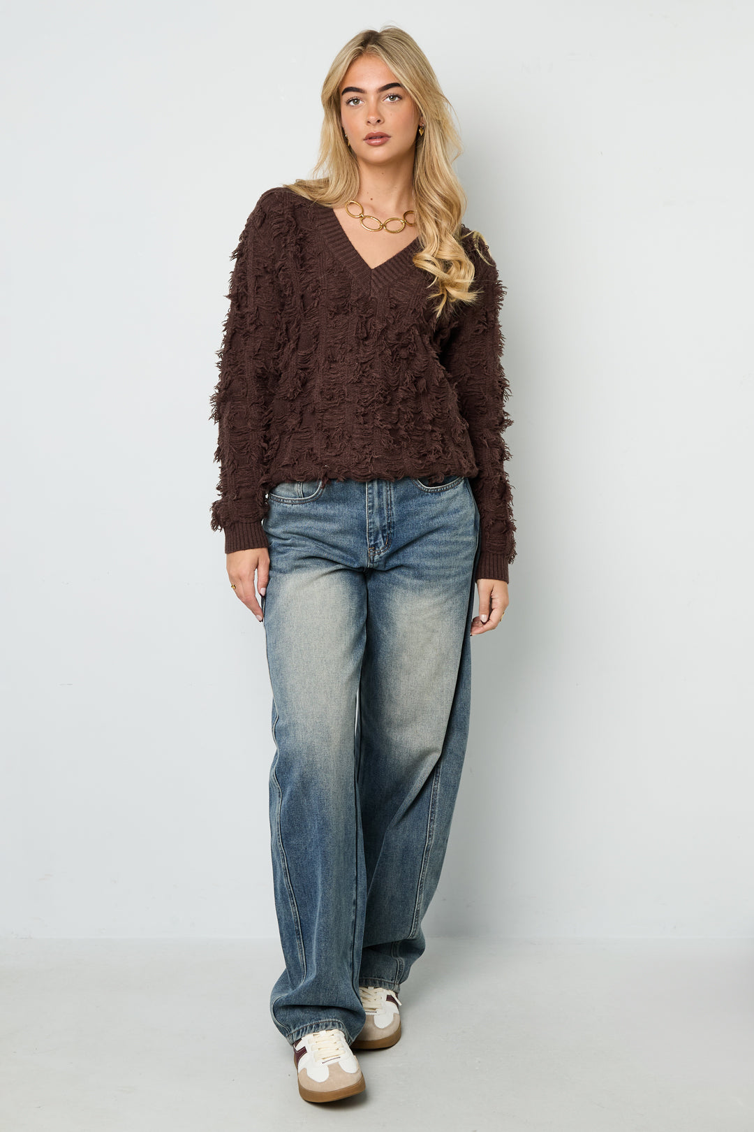 Knitted Polyester Fiber Women's V-Neck Sweater Casual Solid Color